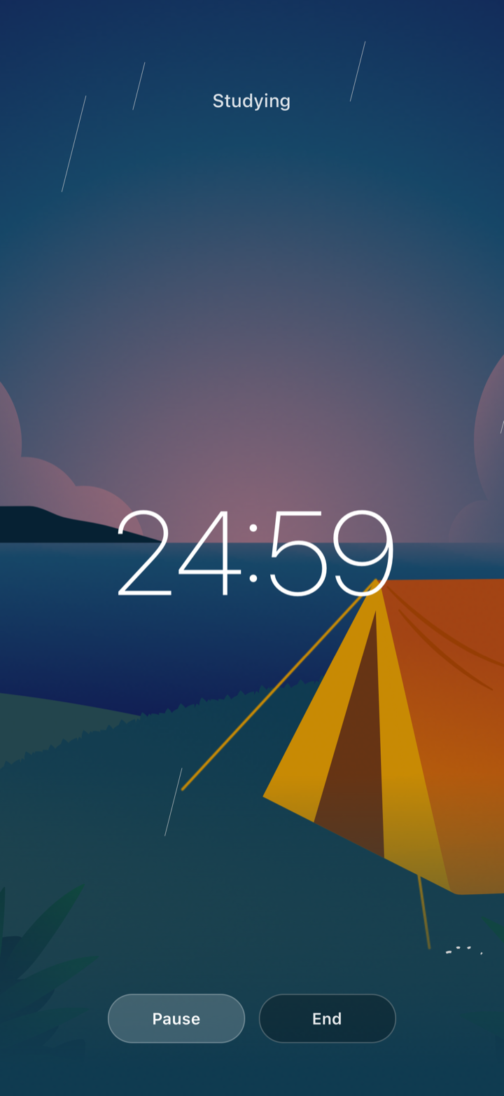 Active focus session with a 24:59 timer over a rainy night scene